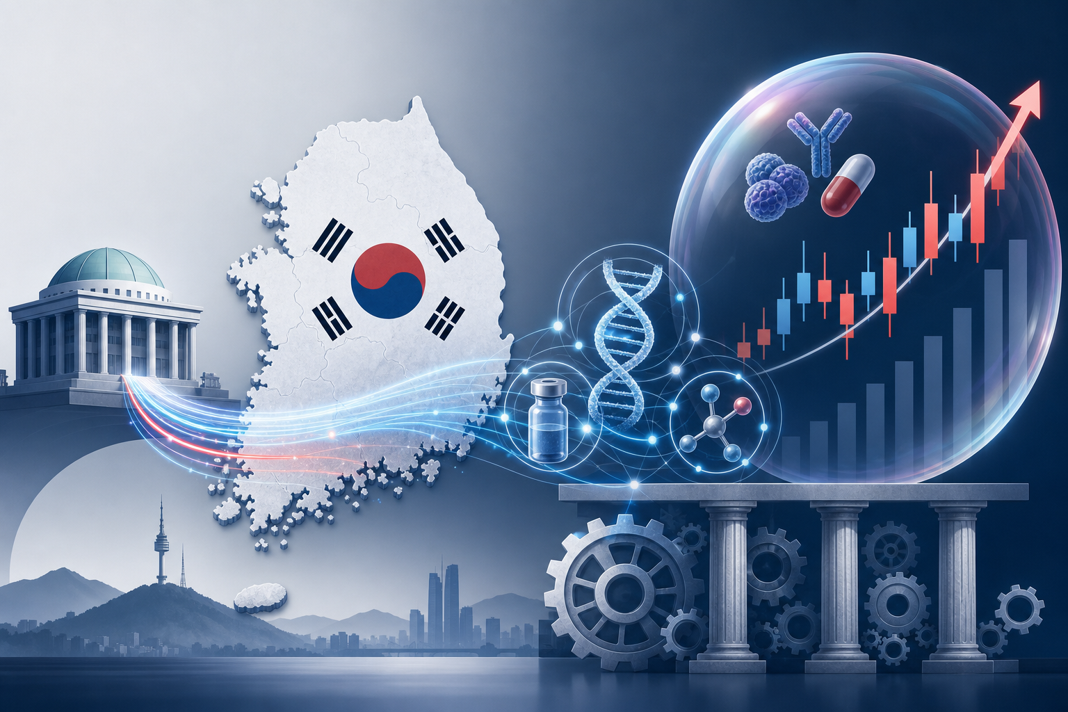 Editorial illustration representing Korea National Growth Fund biotech