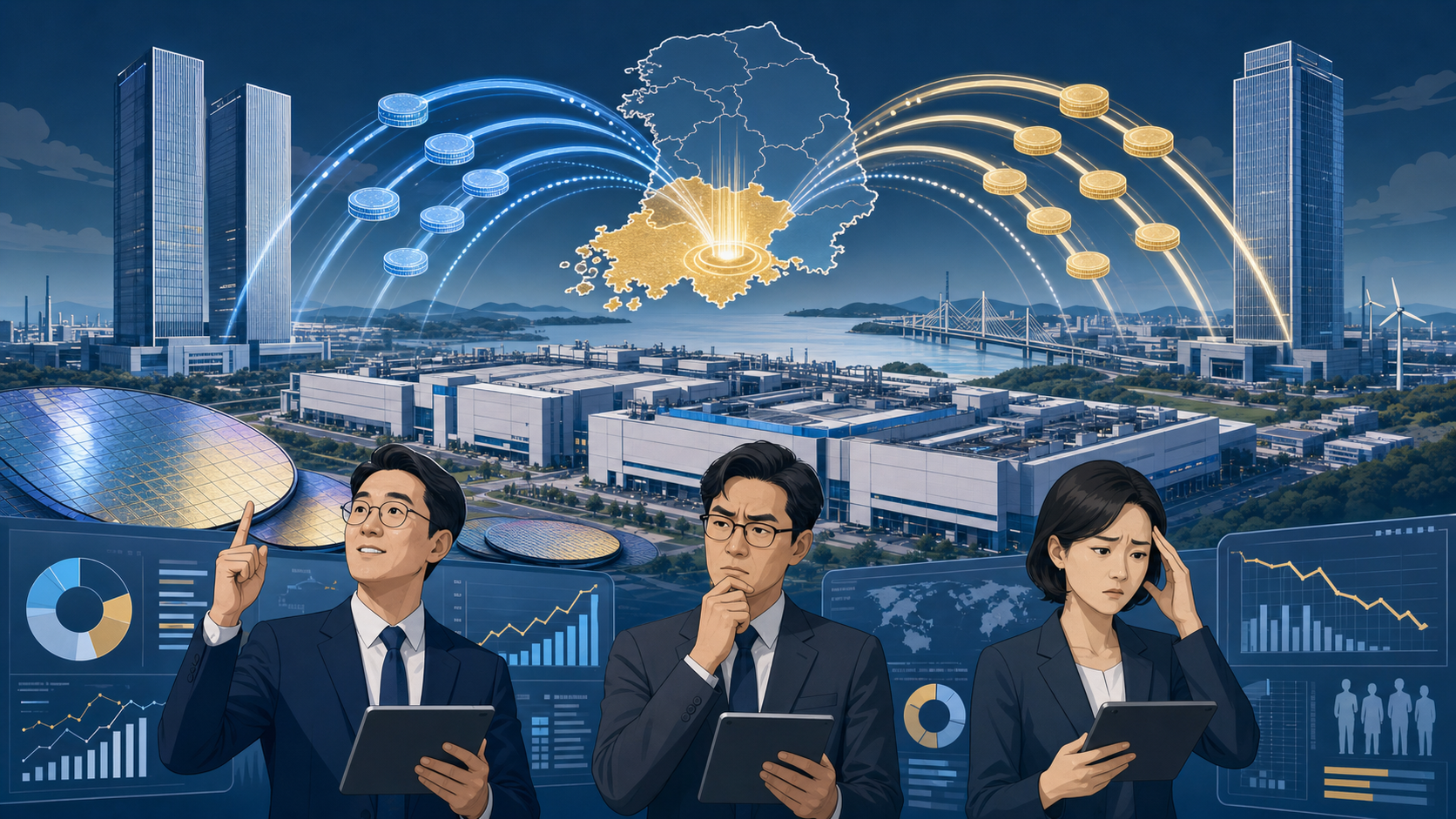 Editorial illustration representing Korea semiconductor investment policy