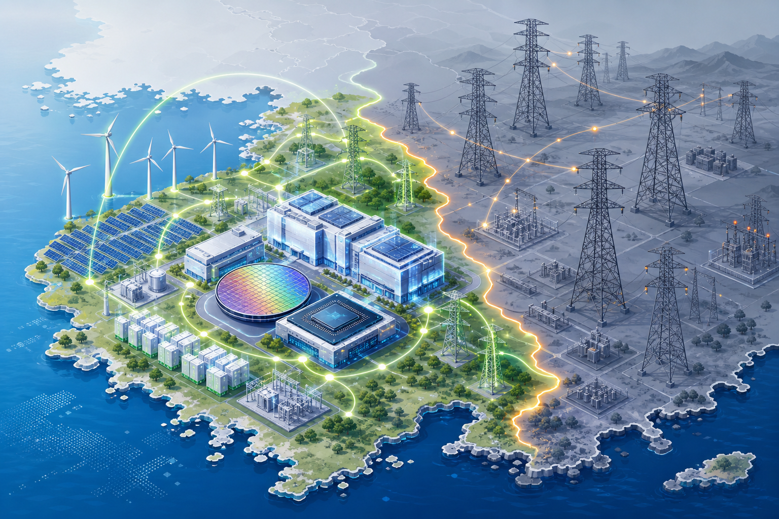 Editorial illustration of Samsung and SK Hynix semiconductor fab cluster in Honam, Korea
