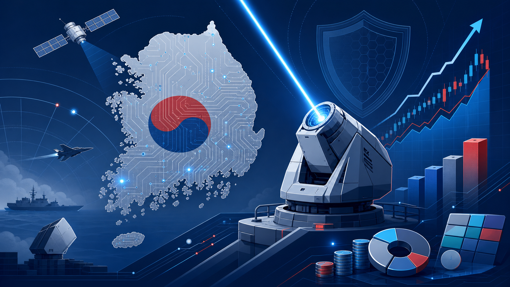 Editorial illustration of Korean defense laser and directed energy weapon investment theme
